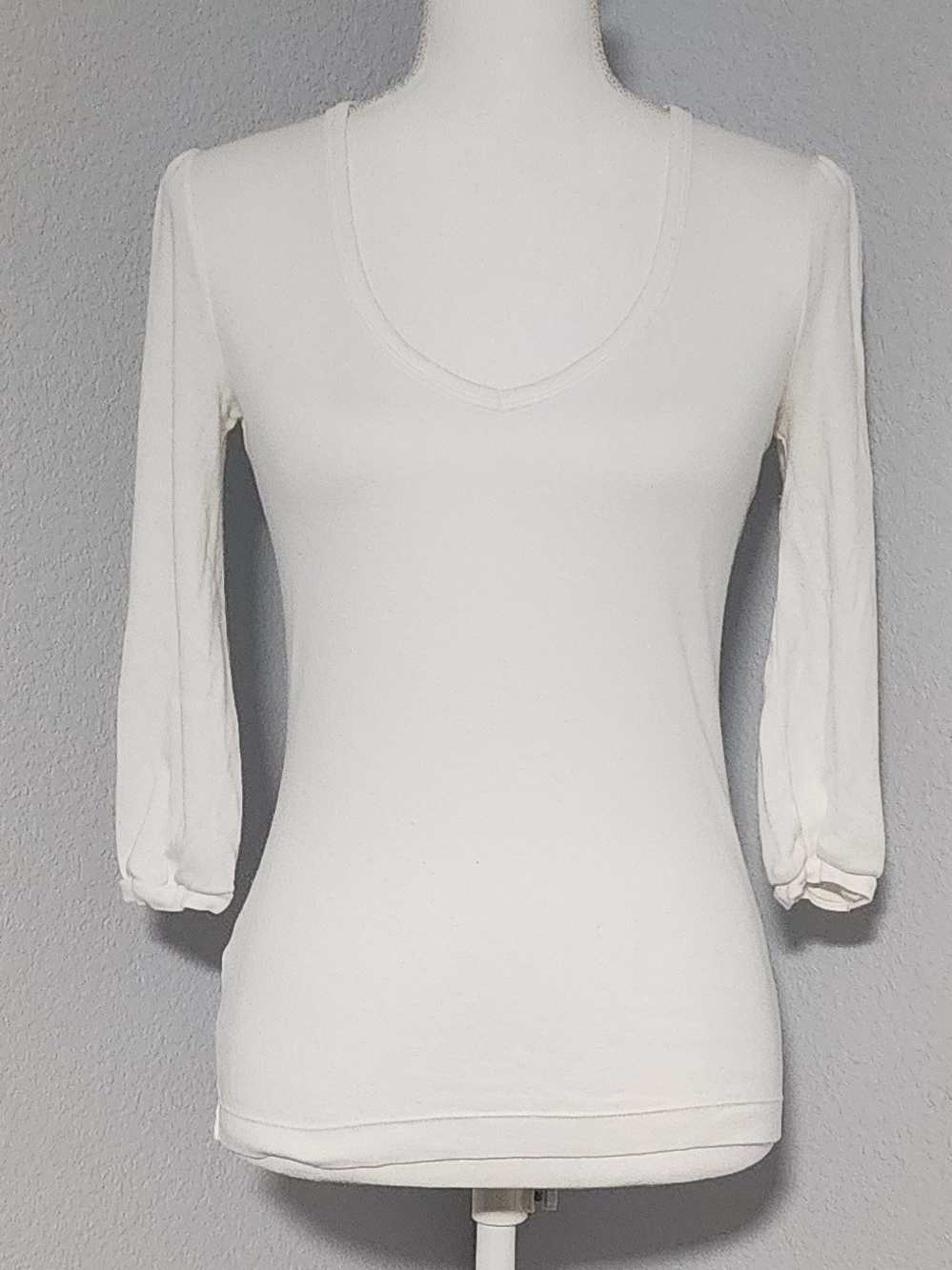 Vintage Y2K Ann Taylor White 3/4 Sleeve Low Cut Blouse Womens Size Small